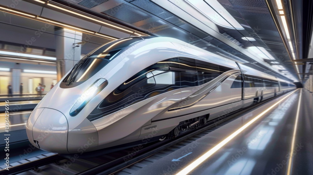 Poster A futuristic concept of high-speed train travel, featuring sleek design elements and advanced technology for maximum efficiency.