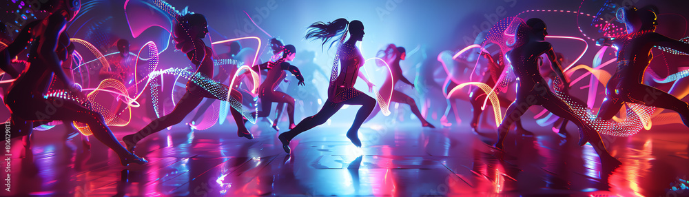 Poster capture the intricate movements of dynamic dance forms using cg 3d techniques show futuristic techno