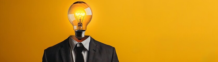 A smart idea concept illustrated with a man wearing a suit and having a lightbulb as a head, set against a bold yellow backdrop