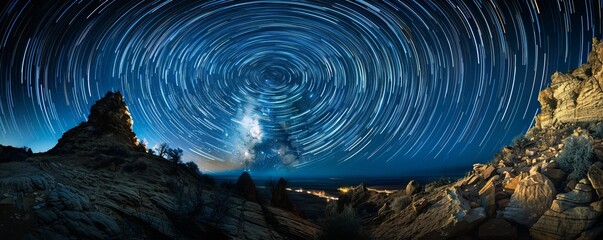 Star trails over the Black Rocks (an unconformity of Vishnu schist) at Moore Bottom in Ruby Canyon,...