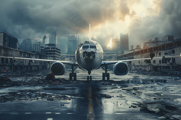 Capture the juxtaposition of past and future by merging aviation milestones with a dystopian setting in a frontal view Use unexpected camera angles to create a surreal atmosphere t