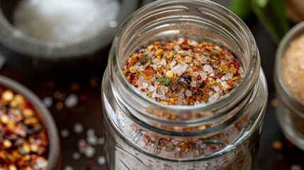A glass jar filled with a homemade seasoning blend of salt, sugar, and chili powder, adding depth and complexity to every dish.