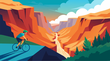 Riding on a spin bike while taking in the sights of a majestic canyon complete with soaring cliffs and rushing waterfalls.. Vector illustration