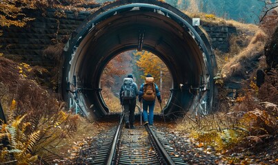 Two hikers enter a tunnel