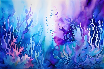 Underwater world in the aquarium watercolor painting
