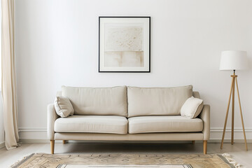 Interior of a living room with abstract artwork on the wall, with a sofa and floor lamp