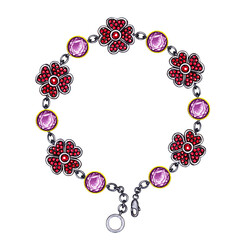 Jewelry design fashion flowers bracelet set with red sapphire and amethyst sketch by hand on paper.
