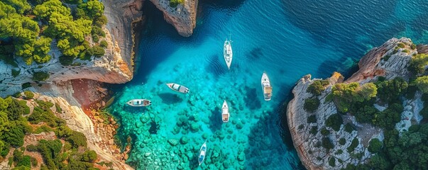 Aerial view of boats moored in a tranquil cove with turquoise water and reflections, Primorje-Gorski Kotar, Croatia.