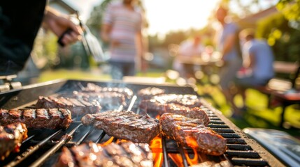 A group of friends enjoying a backyard barbecue, with steaks sizzling on the grill and laughter filling the air.