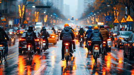 Cyclists Commuting in City at Twilight.