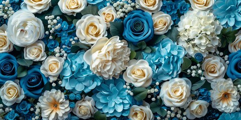 Floral Wallpaper with Multicolored Flowers. Colorful Mother's Day Background with Turquoise, Blue and White Roses
