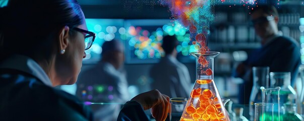 Chemist observing the slowmotion reaction of a new compound, vibrant colors mixing in a flask with a digitally augmented reality overlay
