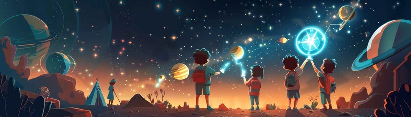 Naklejka premium Cartoon scene of kids using a glowing compass that points to different planets, navigating their way through a Milky Way campsite