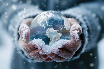 Stock photo of icy hands cradling a fragmented, frozen globe, emphasizing themes of protection and environmental crisis,