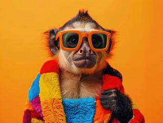 Wacky capuchin monkey wearing oversized sunglasses and a multicolor patchwork jacket, isolated on a vivid orange background,