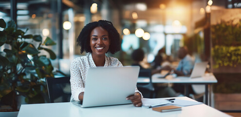 A woman is sitting at a desk with a laptop open in front of her. She is smiling and she is happy. The scene suggests a positive and productive work environment,banner