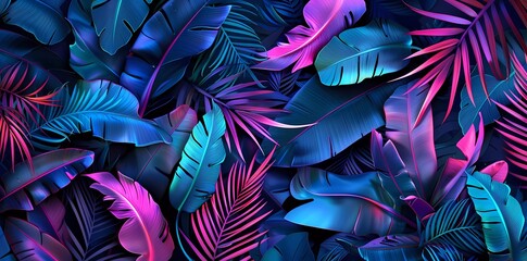 Tropical exotic seamless pattern with neon bright color banana leaves, palms on night dark background. Textured vintage 3D illustration.