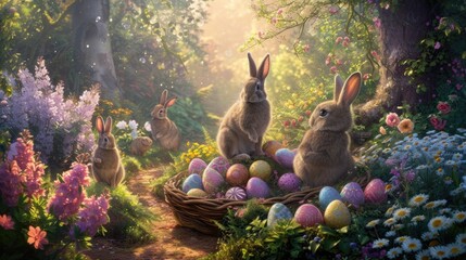 A fantasy garden with cute rabbit family staying together at nest with easter egg in spring season. The wild buunny family with big ear at green forest with sun shine on the ground. Easter egg. AIG42. - Powered by Adobe