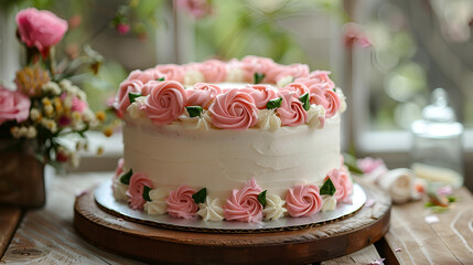 A white cake with pink decorations on a wooden table ai generative