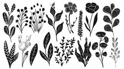 abstract flowers and leaves set . botanical linocut plant and organic elements. Ai generative