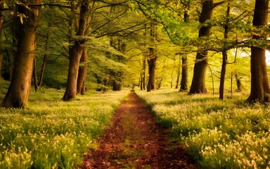 Footpath through woodland filled with wild garlic, photo, stock photos, best selling, viral, trending, travelling, vlogs