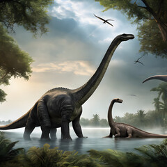 Fototapeta premium Watercolor and painting dinosaur in wildlife ​​animal illustration