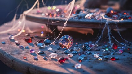 Gems, treasures, precious stones, crystals, colorful, orange dark crystals hidden in the dust and cobweb