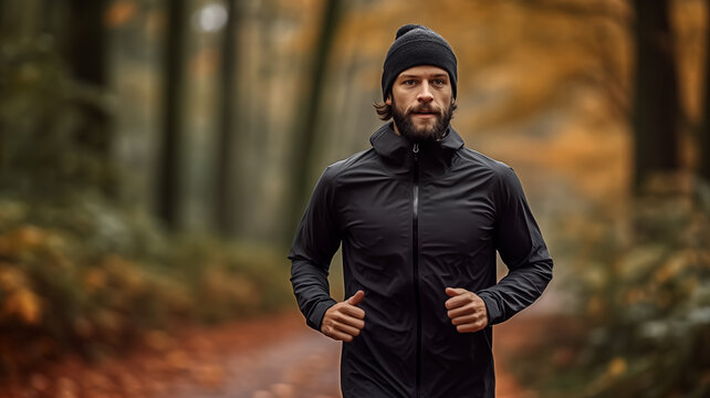 A young male jogger runs along a forest path surrounded by fall foliage, wearing a black jacket and beanie.

