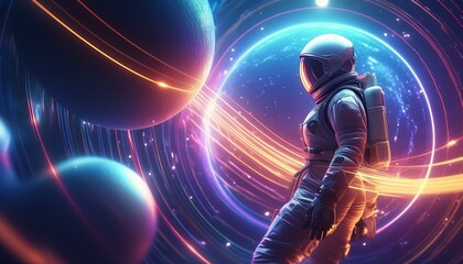 astronaut against the background of planets in neon space