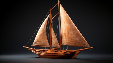 A wooden model of a sailboat against a dramatic black background