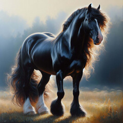 Beautiful Black Horse in field.