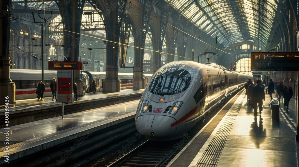 Poster a high-speed railway station bustling with activity as passengers board sleek trains bound for dista