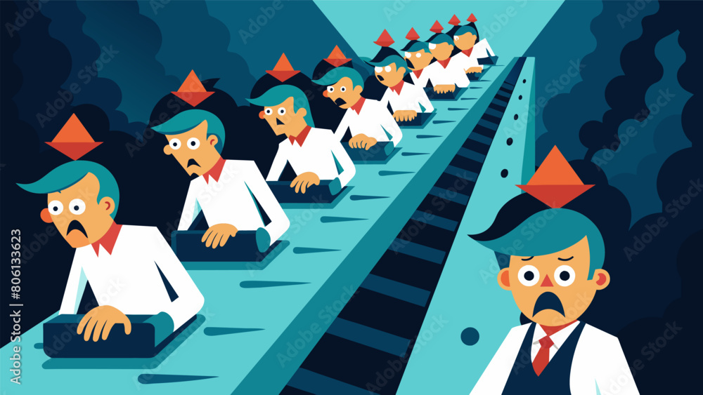 Aufkleber endless rows of workers hunched over conveyor belts frantically assembling fearinducing messages..