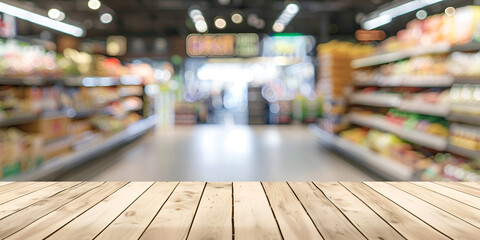 Fototapeta premium Empty wooden table with supermarket aisle with refrigerators blurred background