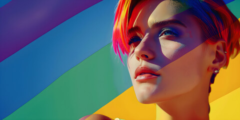 Fototapeta premium Portrait of a confident individual with rainbow hair symbolizing LGBTQ+ pride and diversity, potentially for Pride Month events.