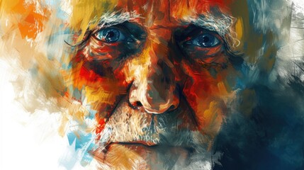 A portrait of creative realistic painting of old middle aged man with wrinkled face and was painted with vibrant brush. Represent emotional of upset, sorrow, unhappy. Modern impressionist art. AIG42.