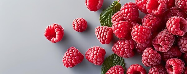 Raspberry pieces gently touching down onto a light grey pastel background, filmed in slow motion - obrazy, fototapety, plakaty