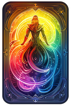 Colorful fantasy card back design featuring a silhouetted figure in a flowing gown with a vibrant rainbow gradient and ornate detailing, suitable for game assets.