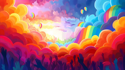 Fototapeta premium A vibrant and colorful illustration celebrating Pride Month with rainbow motifs symbolizing LGBTQ+ inclusivity.