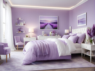 A Touch of Romance: Lilac Hues and White Elegance Create a Charming Retreat. A Lilac Oasis with Furniture for Relaxation. generative AI