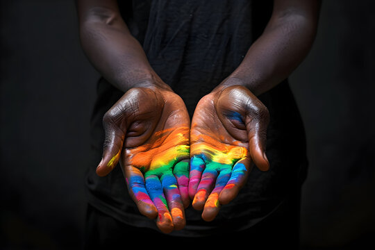 Close-up of open palms with vibrant rainbow colors against a dark background, symbolizing pride and diversity.