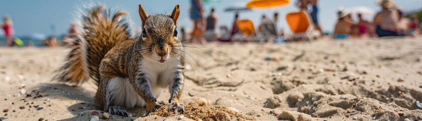 Slowmotion of a squirrel frantically trying to bury a nut in a crowded beach, people and summer activities in the background