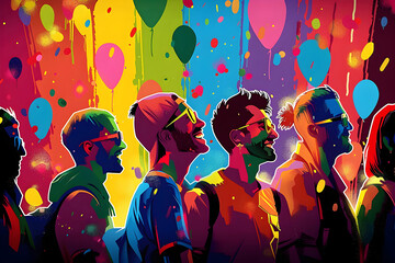 Crowd at a gay pride parade with vibrant rainbow colors, balloons, and a festive atmosphere, symbolizing diversity and inclusion.