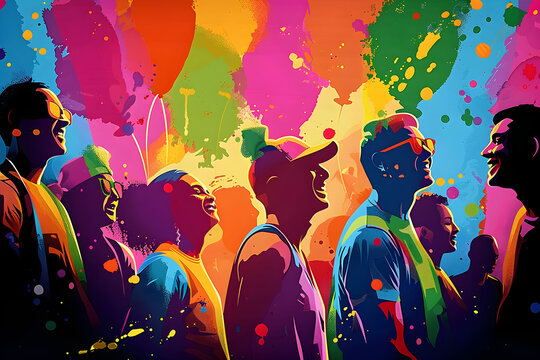 An illustrated snapshot of a gay pride parade with jubilant people, symbolizing diversity and unity in a vibrant, colorful celebration.