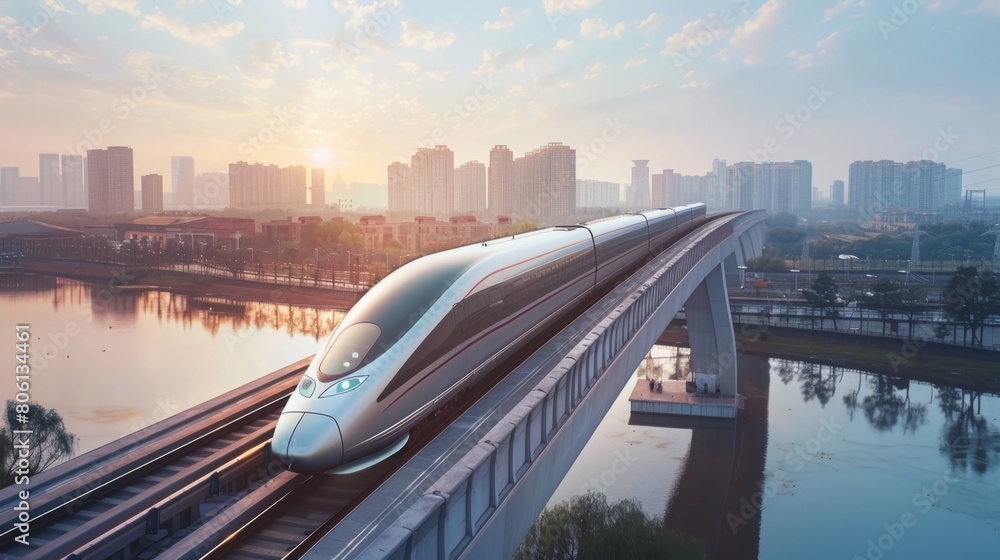 Poster a high-speed train gliding across a modern bridge, exemplifying the seamless integration of rail tra
