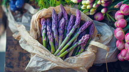 Bunch of purple and green asparagus on paper.