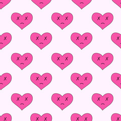 Seamless Pattern with hearts of sadness, dead in emo style. Y2k. Pink weird gloomy hearts. Anti Valentine Day. Vector flat illustration.