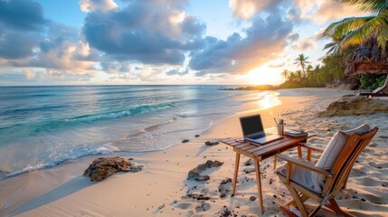 Event planner organizing a global summit from a secluded Fiji beach, waves lapping at the feet of her temporary desk