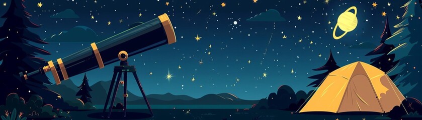 Flat design of a child s telescope set up at a campsite, pointing towards a starry galaxy for a night of celestial exploration