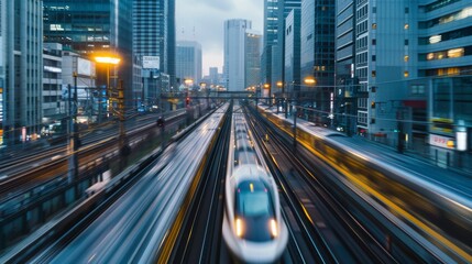 Fototapeta premium A high-speed train passing through urban skyscrapers, highlighting its role in connecting bustling city centers.